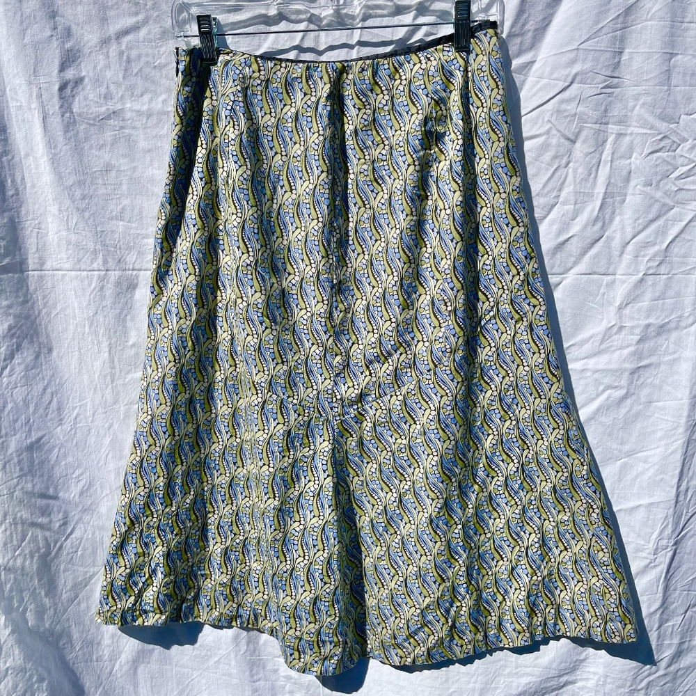 Green and Blue Abstract Paisley Design on Midi Length Fit and Flare Skirt